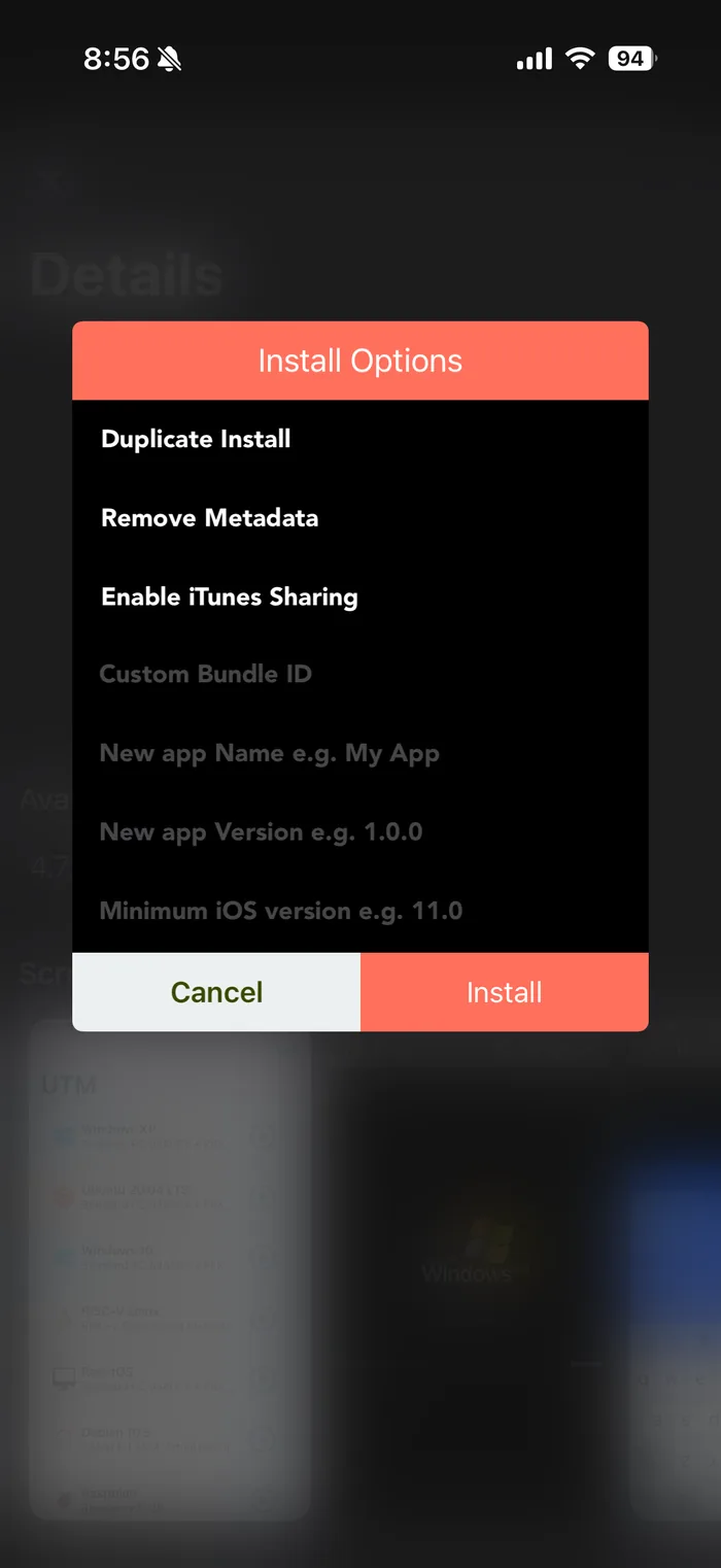 Install Options: duplicate install, remove metadata, enable iTunes sharing, custom bundle ID, name and version
