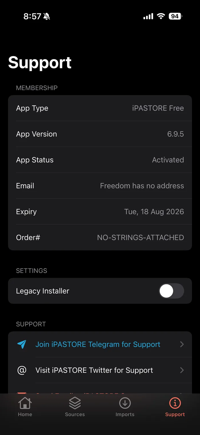 The Support screen showing membership type, app version, activation status and expiry date
