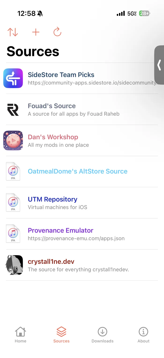 The Sources screen listing added AltStore-format sources